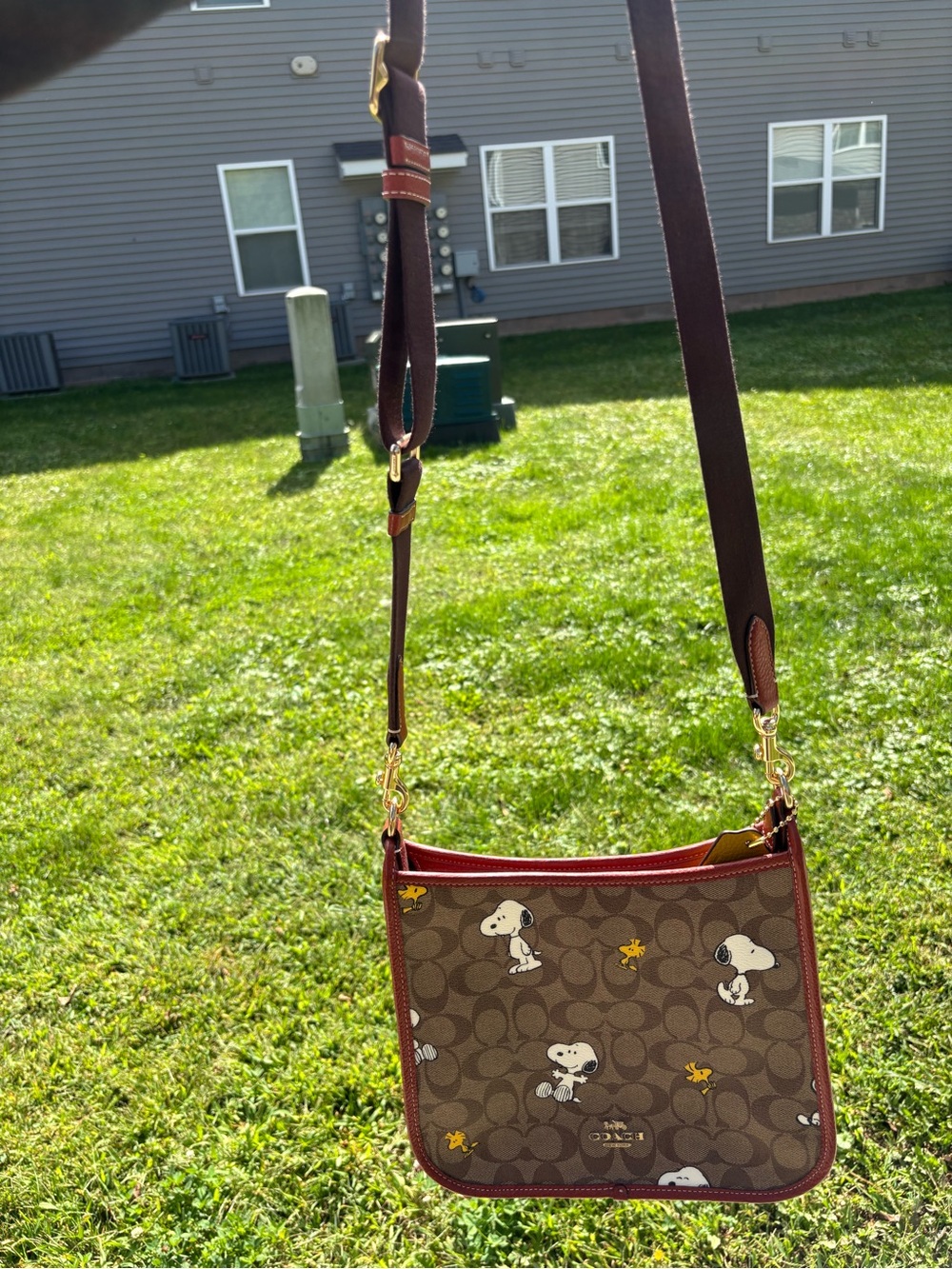 Coach Brown Signature Snoopy Crossbody with Red Trim